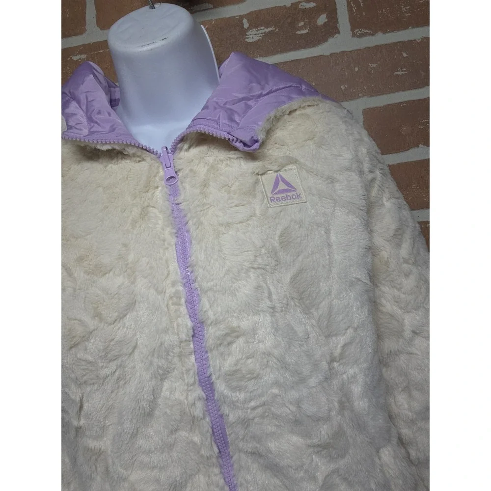 Reebok Reversible Puffer Jacket Girl's Lavender Faux Fur Winter Coat Sz‎ 14/16
